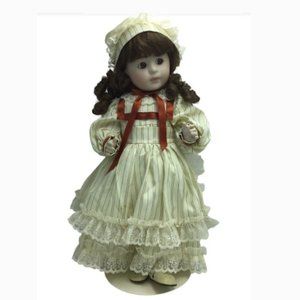 Porcelain Vintage Curly Doll in Light Yellow Striped Victorian Style Dress